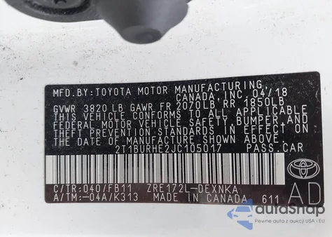 2018 Toyota Corolla Le z USA, uszkodzony, nr VIN 2T1BURHE2JC105017